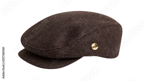 Foto Brown herringbone tweed flat cap with brass button accent