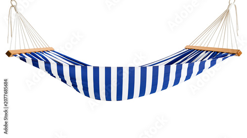 Tableau sur toile Blue and white striped fabric hammock with wooden spreader bars