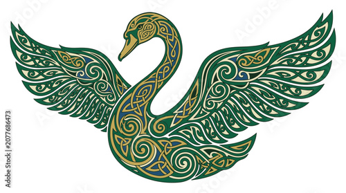 Celtic Swan Illustration with Intricate Knotwork Patterns in Green and Gold Colors