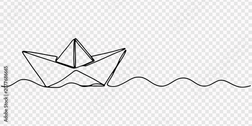 Minimalist One Line Drawing of Origami Paper Boat Floating on Water Waves with Ripple Reflection, Paper boat origami one line art, hand-drawn ship sailing on wavy water river continuous contour.