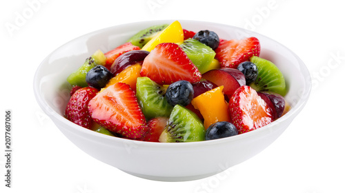 Canvastavla Fresh fruit salad in white bowl with strawberries blueberries kiwi mango, and pl