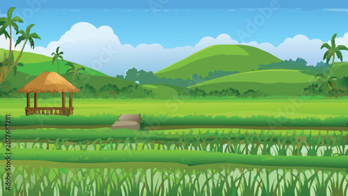 Fotografie Rice paddy landscape with thatched gazebo vector illustration style