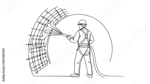 Construction Worker Sprays Concrete on Curved Wall Structure with Rebar