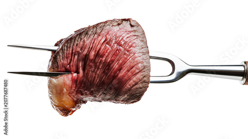 Tableau sur toile Cooked beef steak pierced by a metal fork with wooden handle