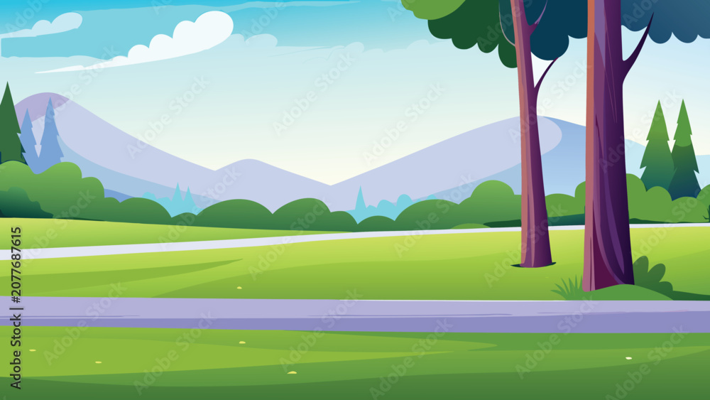 Fototapeta premium Cartoon landscape with mountains trees and a winding path