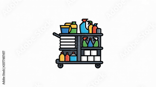Vector illustration of a hotel housekeeping trolley fully equipped with cleaning detergents, fresh towels, and toiletries for room service.