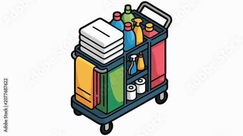 Mobile hotel housekeeping cart stocked with fresh white towels, colorful cleaning bottles, and supplies for maintaining cleanliness in rooms.
