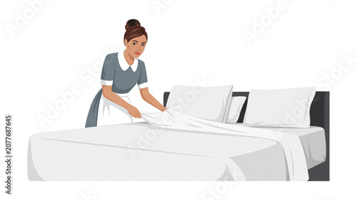 Friendly housekeeper in a grey uniform and apron making the bed and tucking in clean sheets for hotel guests in a comfortable bedroom.