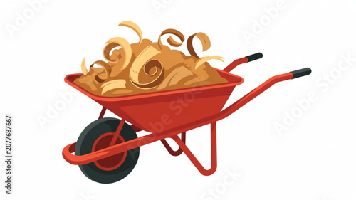 Red wheelbarrow filled with piles of light brown wood shavings or mulch for garden and landscaping activities shown on a white background.