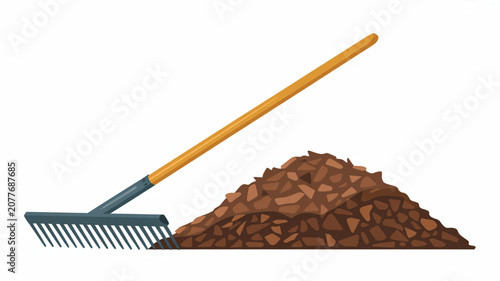 Long handled garden rake positioned next to a large heap of organic mulch or soil for professional lawn care and landscaping work on white.