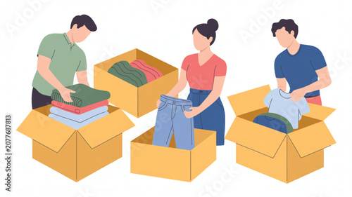 Men and women working together to fold and sort clothes into cardboard moving boxes for a community donation or home organization project.