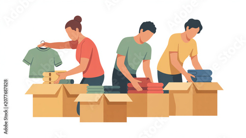 Diverse group of people standing around cardboard boxes while neatly folding and organizing garments for donation or relocation purposes.