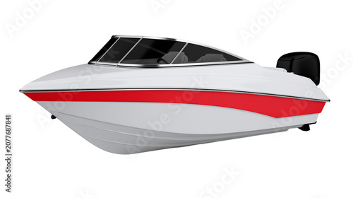 Fotografie White speed boat with red stripe and black outboard motor