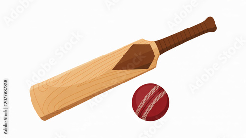 Classic wooden cricket bat lying next to a red leather cricket ball on a white background suitable for sports equipment design concepts.