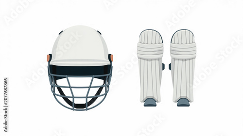 Protective cricket helmet with face grille and white leg pads isolated on white background for professional cricket sports equipment design.