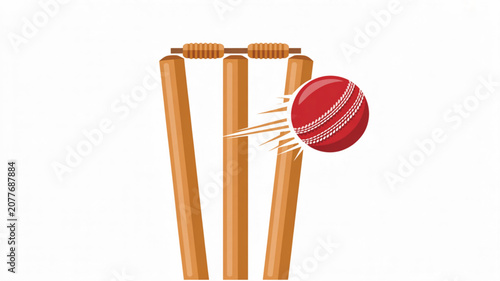 Red cricket ball hitting the wooden stumps, illustrating the action, competition, and sportsmanship of the game of cricket.