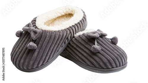 Photos Cozy grey corduroy slippers with bows and pom-poms