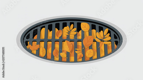 Scattered autumn leaves lying on a metal storm drain grate, depicting the change of seasons and landscape maintenance in fall.