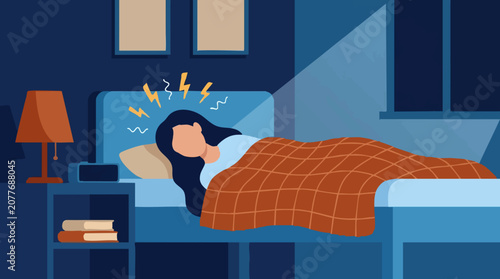 Photos Woman suffering from insomnia and stress, struggling to sleep at night