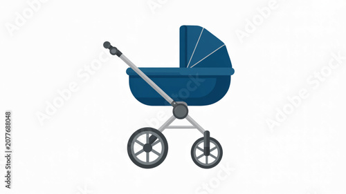 Classic blue baby stroller carriage with a canopy for comfortable infant transport during outdoor walks in parks or urban neighborhoods.