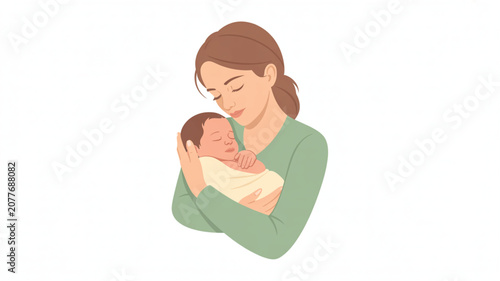 Loving mother holding her newborn baby in her arms with a gentle expression representing maternal bond and the precious stages of infancy.