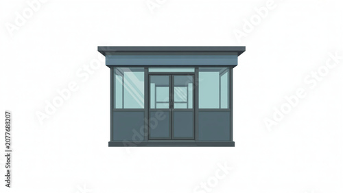 Modern gray glass facade ticket booth with central double doors designed for customer service or entry point control in commercial locations.