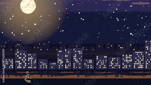 Looping pixel-art skyline cycling window lights and moving train lights along waterfront, moon halo