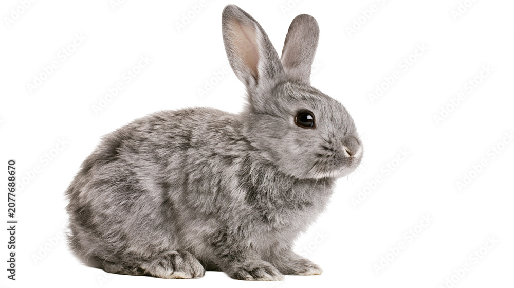 Fototapeta premium Fluffy grey rabbit sitting on white