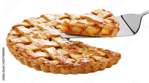 Fotografie Golden lattice top apple pie slice being served