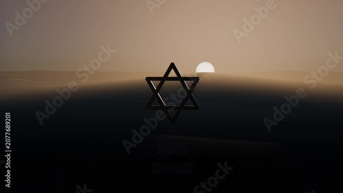 Reflecting metal hexagram catching clear reflection as sun rising over dune ridge, revealing mist