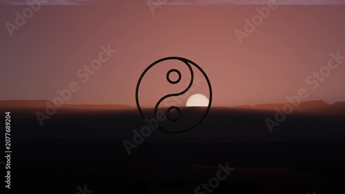 Rising sun disk at dawn, ascending behind horizon in desert plain, with central yin-yang symbol