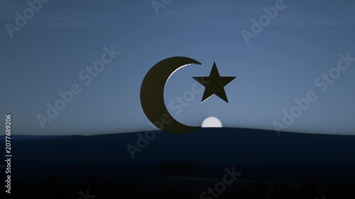 Rising sun moving above hills, illuminating crescent-and-star emblem, revealing plaque and grass