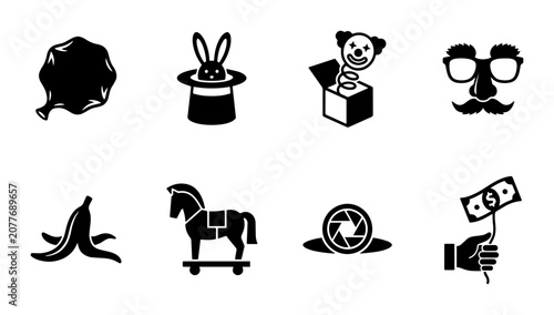 Foto Fun Novelty Icons, Gag Gifts, Party Props, Playful Toys, Surprise Elements, Vect