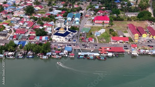 Aerial drone view of Masjid Al-Muttaqin in Kuala Sedili Besar Malaysia