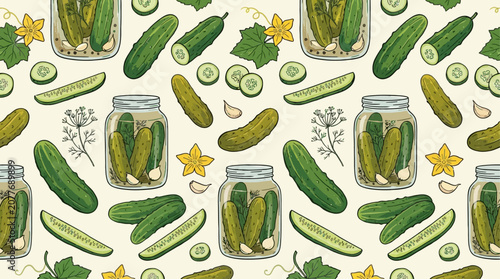 Assorted Organic Green Cucumbers Displaying Whole Fresh Vegetables Sliced Rounds and Preserved Pickled Gherkins Stored in Glass Jar for Healthy Culinary Ingredients and Fermented Food Storage