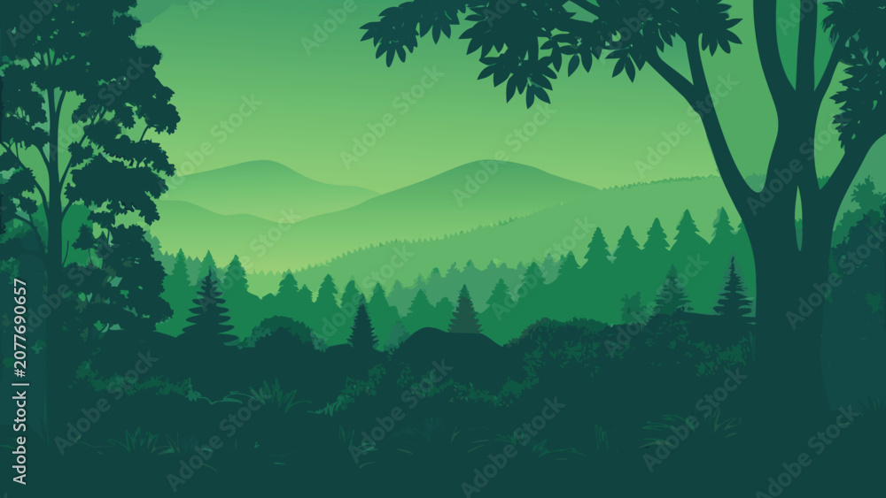 Fototapeta premium Forest Silhouette With Mountains And Trees Green Toned Vector