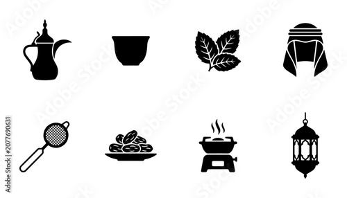 Foto 8 Arabic culture linear icon set coffee pot cup mint dates headwear lantern braz