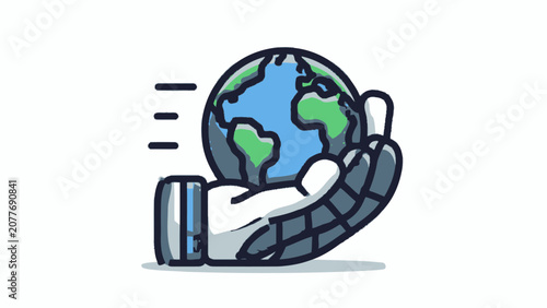A hand holding a globe with motion lines.
