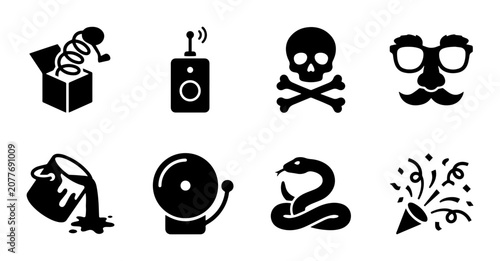 Bild auf Leinwand 8 Prank linear icon set jack in box remote skull mask snake party popper, UI and