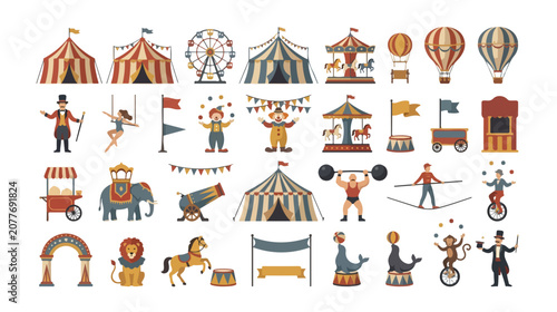 Bild auf Leinwand Vintage circus collection with 32 vector icons, retro carnival fair elements inc
