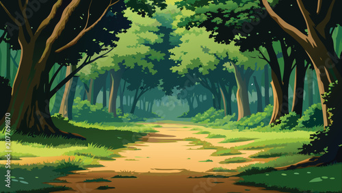 Vászonkép Forest Path Illustration Verdant Trees And Earth toned Ground