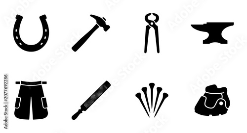 Tableau sur toile Blacksmithing Tools Vector Icons Set: Horseshoe, Hammer, Anvil, Farrier Supplies