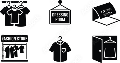 Fashion store clothing rack, dressing room, fitting room, mannequin, shirt hanger clothes des