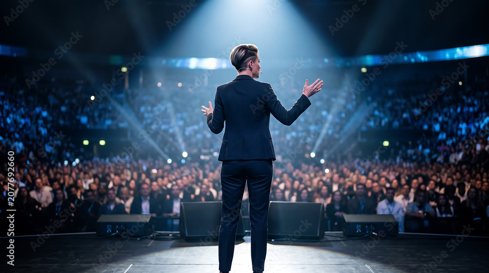 Fototapeta premium Confident Business Speaker Presenting on Stage to Large Audience in Conference Hall with Dramatic Lighting