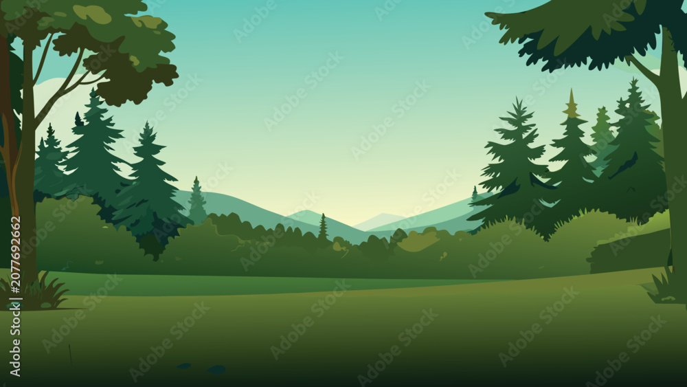 Fototapeta premium Forest landscape with mountains vector illustration with a green gradient
