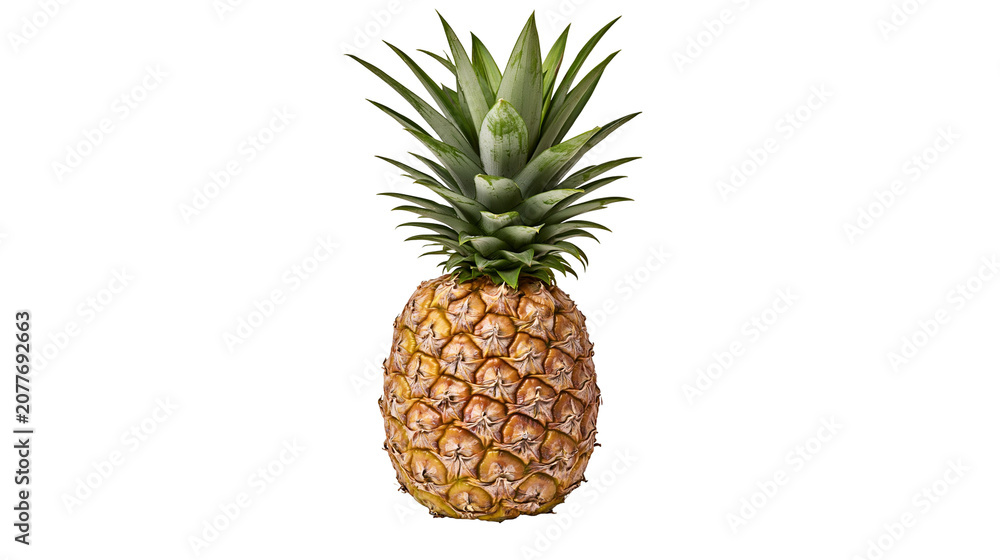 Fototapeta premium Whole ripe pineapple with green leaves on white