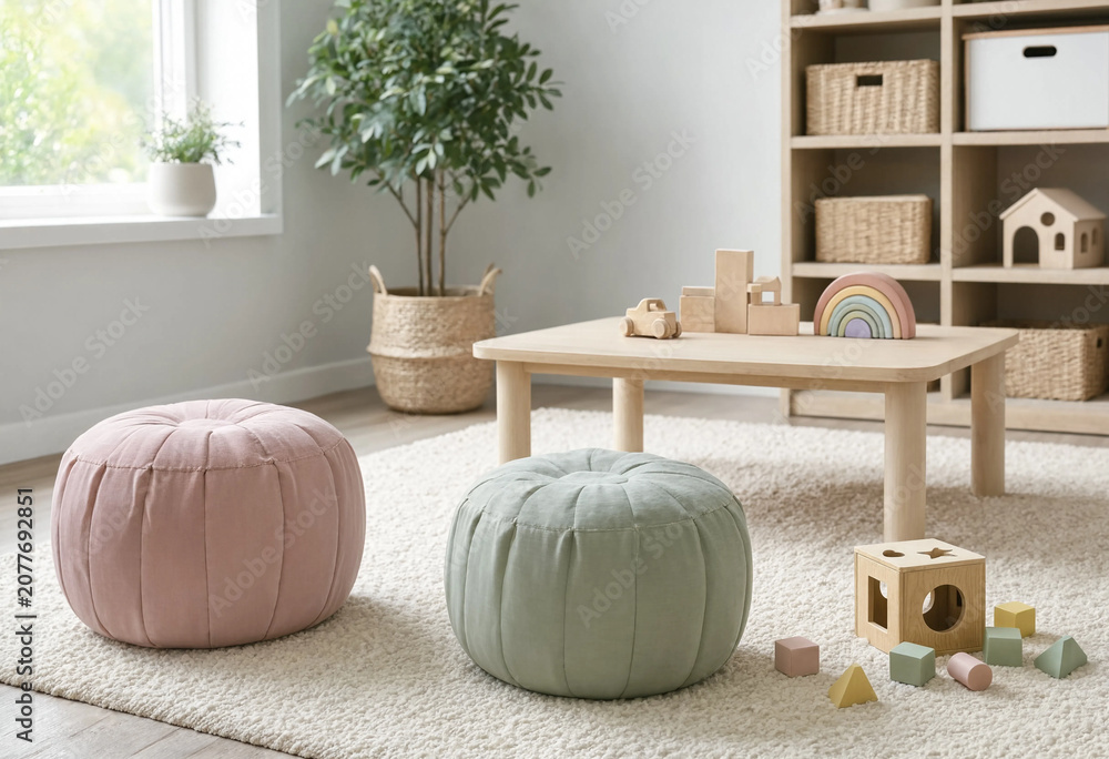 Naklejka premium A cozy Montessori-style playroom features pastel poufs, a low wooden table, storage shelves, and wooden toys in a bright modern interior.