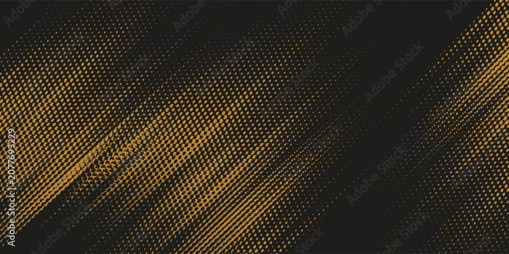 Fototapeta premium Halftone yellow dots pattern and black gradient grunge texture background. Dotted line comic sport style vector illustration