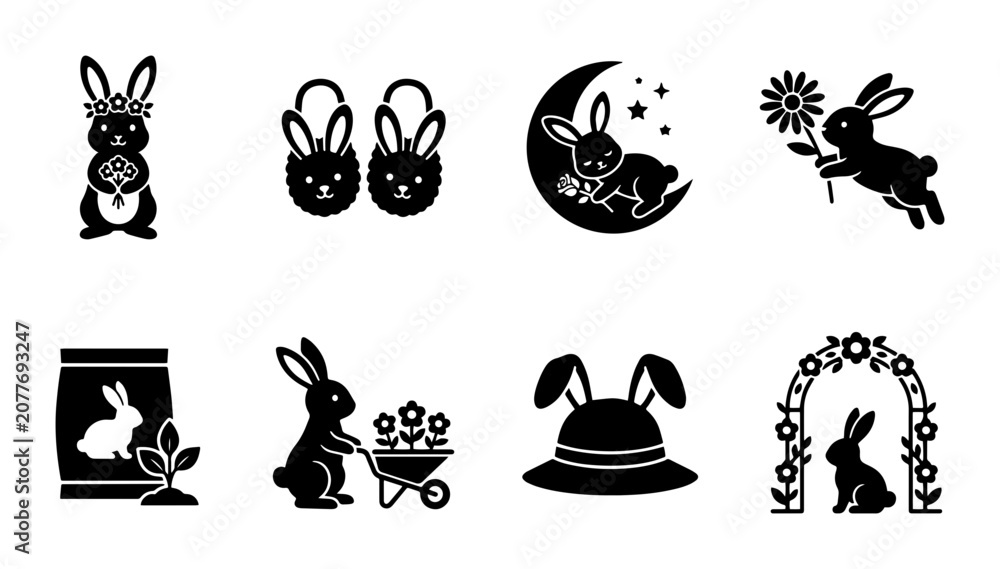 Fototapeta premium 8 Rabbit Silhouettes Icon Set, Silhouette, for Easter and Spring Themes