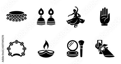 Fotografie Indian cultural icons, silhouette set, traditional objects, dance, jewelry, make